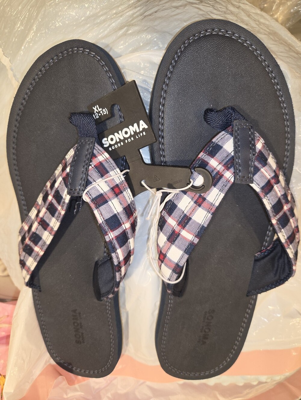 Sonoma Mens Navy Flip Flops Plaid Straps Xl 12/13